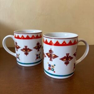 Set of 2 Vintage Kopin Indonesia Aztek Tribal Design Porcelain Mugs
